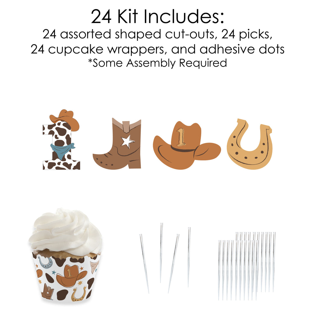 My First Rodeo - Cupcake Decoration - Little Cowboy 1st Birthday Party Cupcake Wrappers and Treat Picks Kit - Set of 24