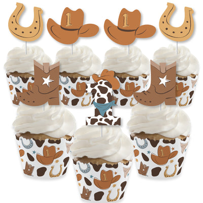 My First Rodeo - Cupcake Decoration - Little Cowboy 1st Birthday Party Cupcake Wrappers and Treat Picks Kit - Set of 24