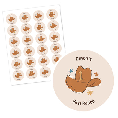 Personalized My First Rodeo - Custom Little Cowboy 1st Birthday Party Favor Circle Sticker Labels - Custom Text - 24 Count