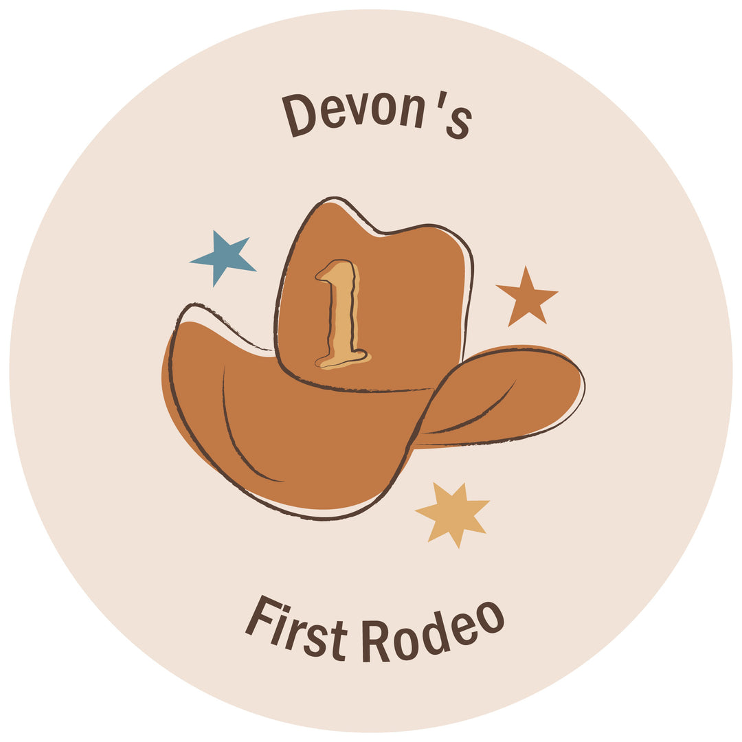 Personalized My First Rodeo - Custom Little Cowboy 1st Birthday Party Favor Circle Sticker Labels - Custom Text - 24 Count