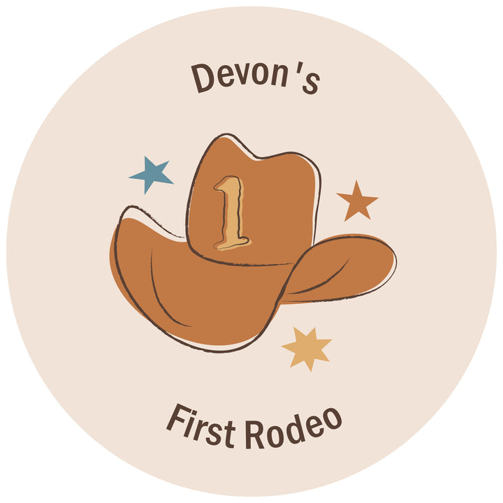 Personalized My First Rodeo - Custom Little Cowboy 1st Birthday Party Favor Circle Sticker Labels - Custom Text - 24 Count