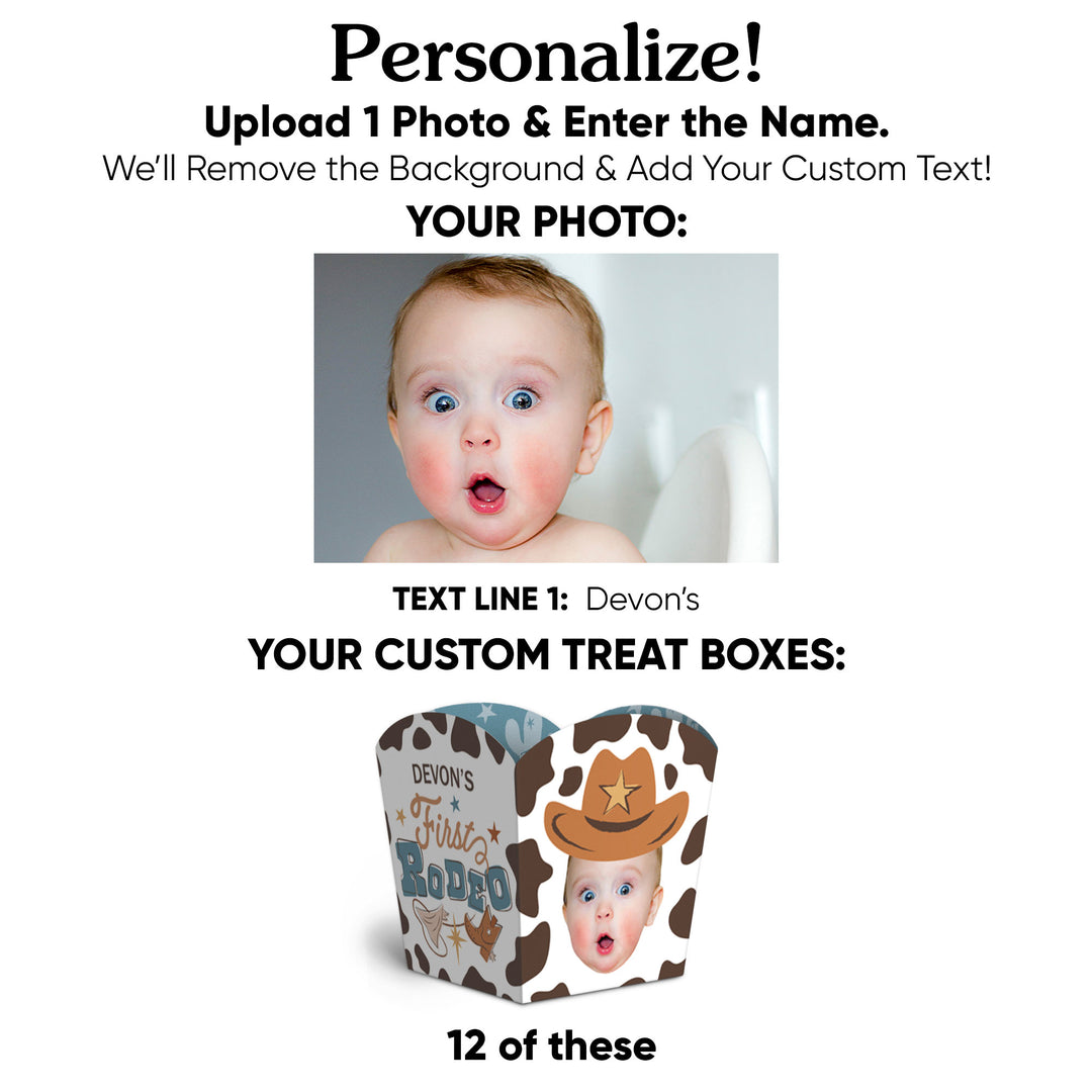 Custom Face My First Rodeo Treat Boxes - 12 Ct