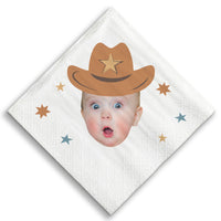 Baby with a cowboy hat on a white custom napkin with star designs