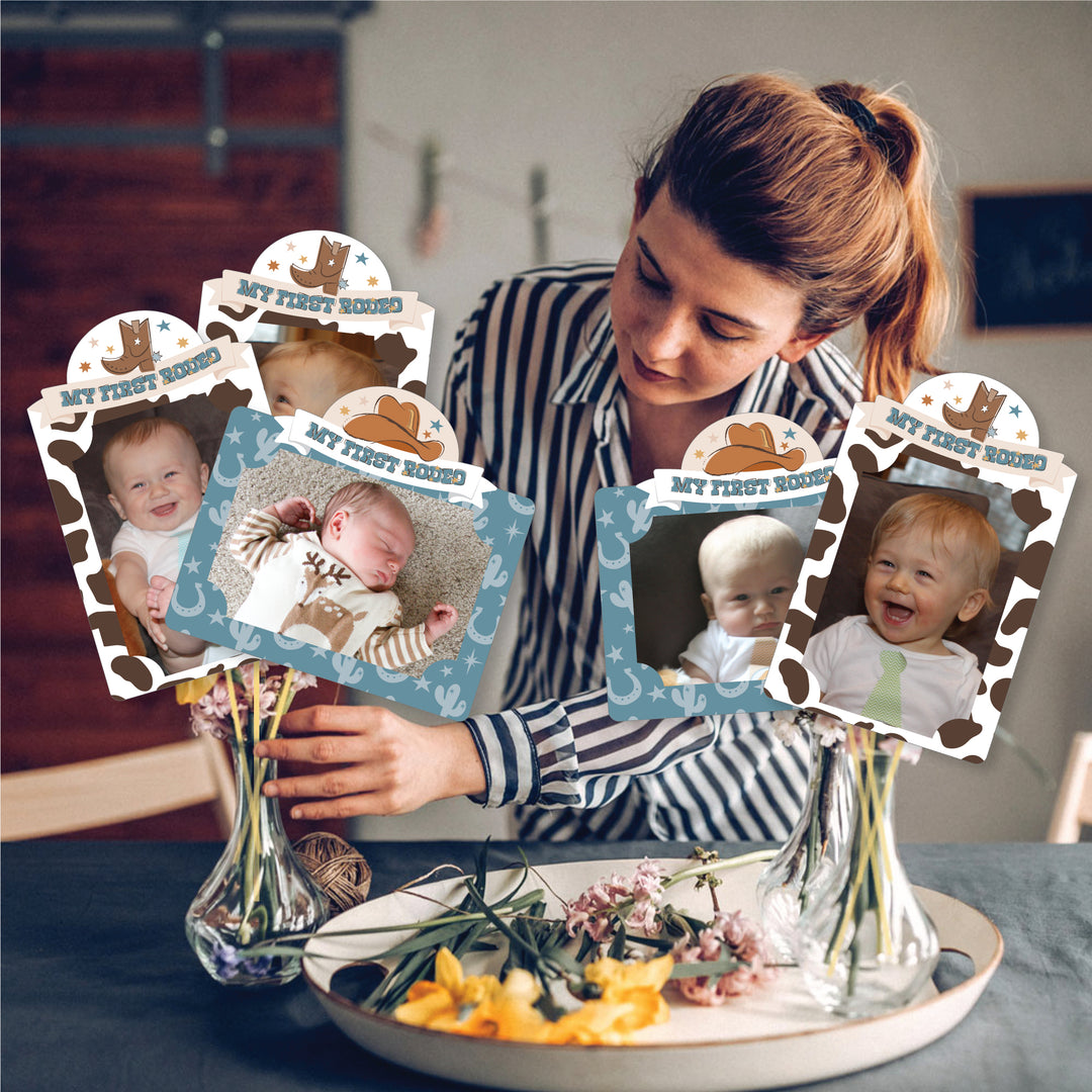 My First Rodeo - Little Cowboy 1st Birthday Party Picture Centerpiece Sticks - Photo Table Toppers - 15 Pieces
