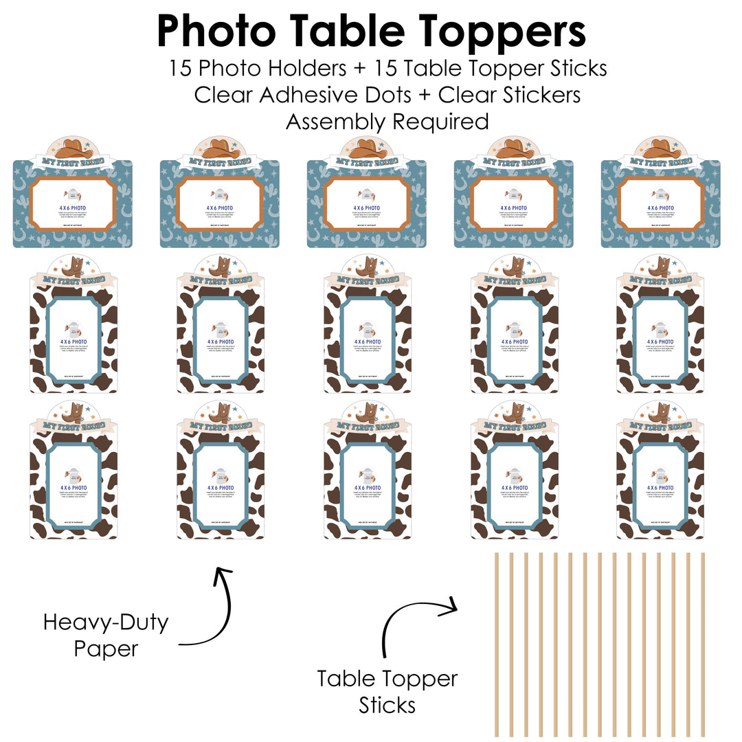 My First Rodeo - Little Cowboy 1st Birthday Party Picture Centerpiece Sticks - Photo Table Toppers - 15 Pieces