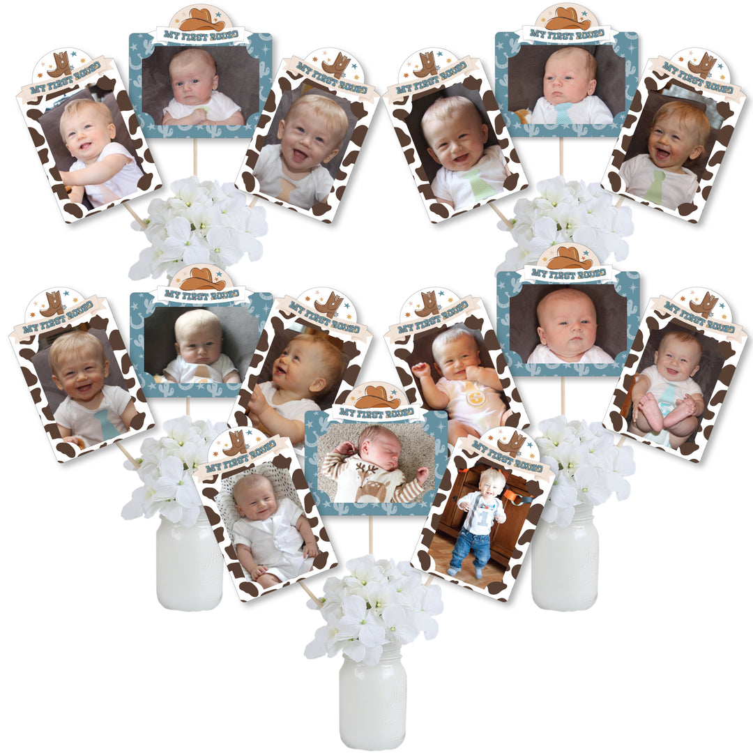 My First Rodeo - Little Cowboy 1st Birthday Party Picture Centerpiece Sticks - Photo Table Toppers - 15 Pieces