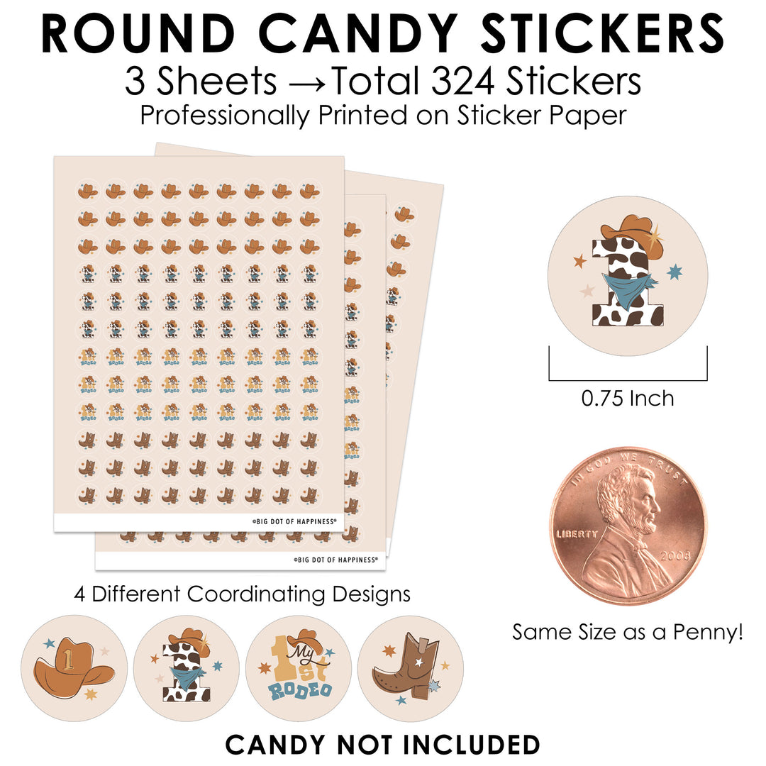 My First Rodeo - Little Cowboy 1st Birthday Party Small Round Candy Stickers - Party Favor Labels - 324 Count