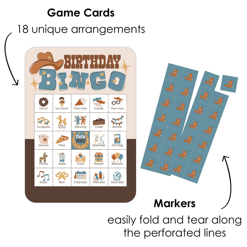 My First Rodeo - Picture Bingo Cards and Markers - Little Cowboy 1st Birthday Party Shaped Bingo Game - Set of 18