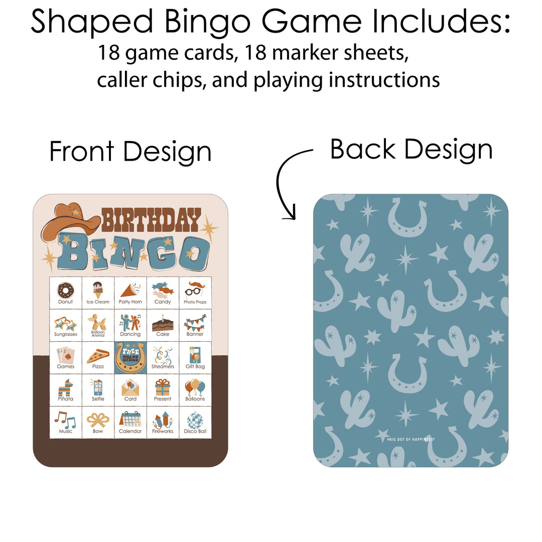 My First Rodeo - Picture Bingo Cards and Markers - Little Cowboy 1st Birthday Party Shaped Bingo Game - Set of 18