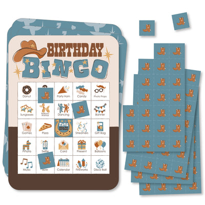My First Rodeo - Picture Bingo Cards and Markers - Little Cowboy 1st Birthday Party Shaped Bingo Game - Set of 18