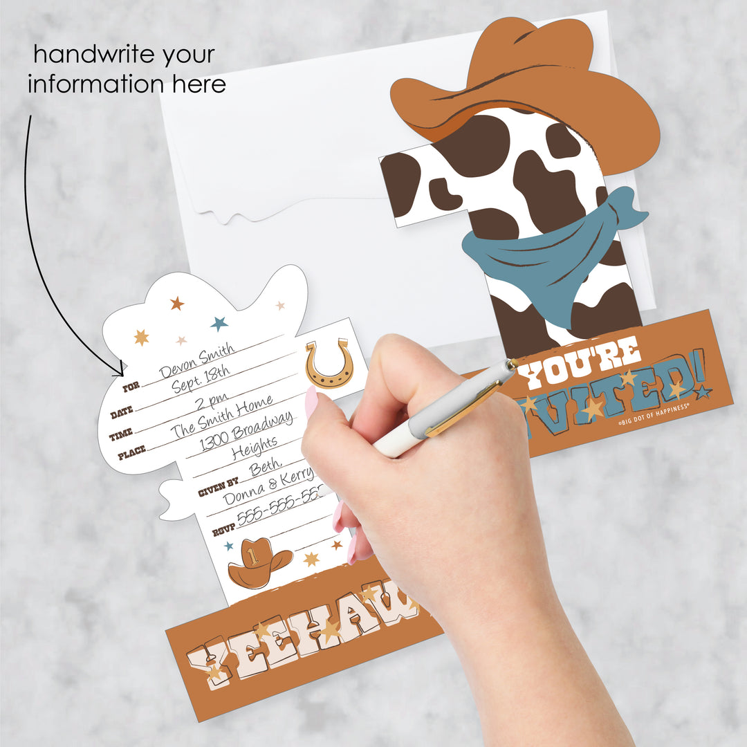 My First Rodeo - Shaped Fill-In Invitations - Little Cowboy 1st Birthday Party Invitation Cards with Envelopes - Set of 12