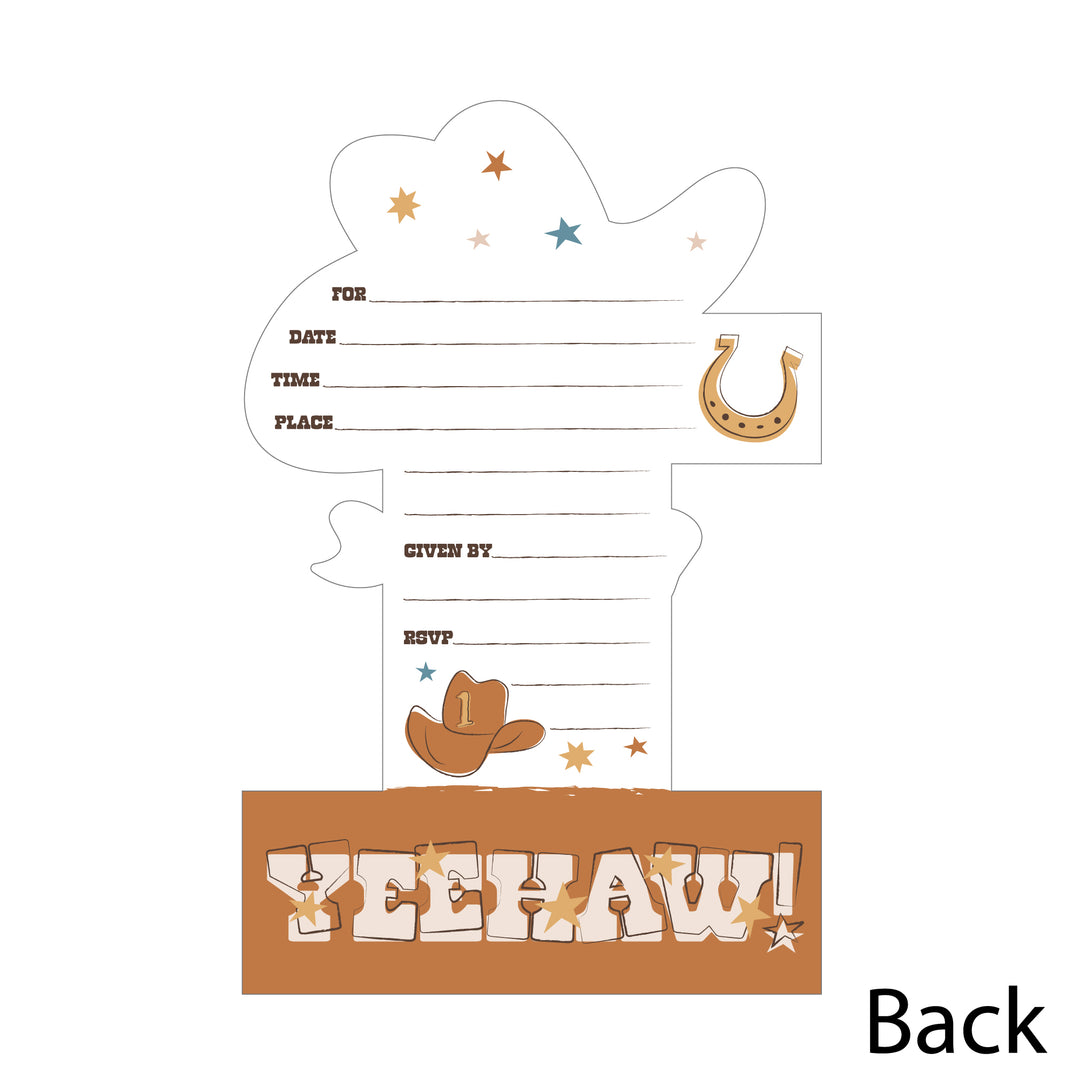 My First Rodeo - Shaped Fill-In Invitations - Little Cowboy 1st Birthday Party Invitation Cards with Envelopes - Set of 12