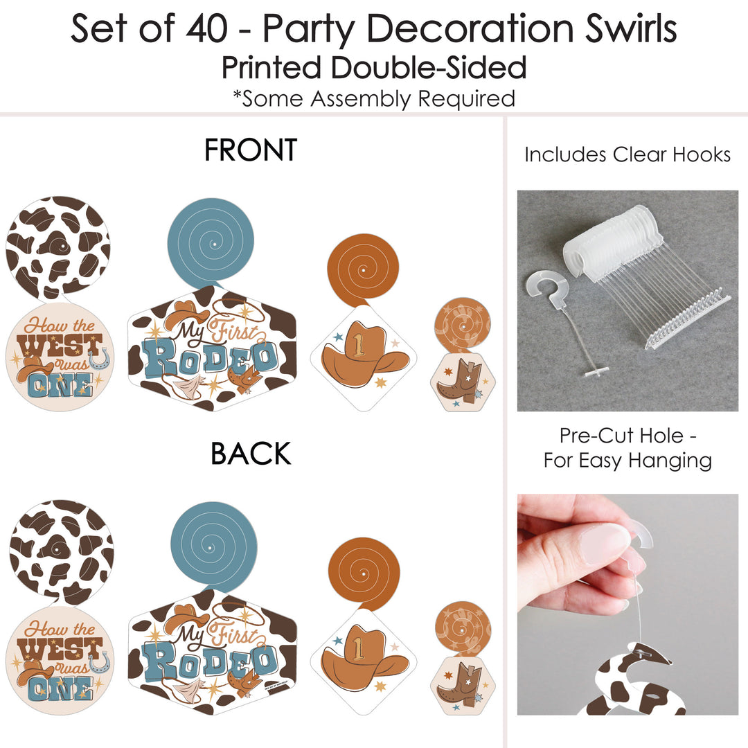 My First Rodeo - Little Cowboy 1st Birthday Party Hanging Decor - Party Decoration Swirls - Set of 40