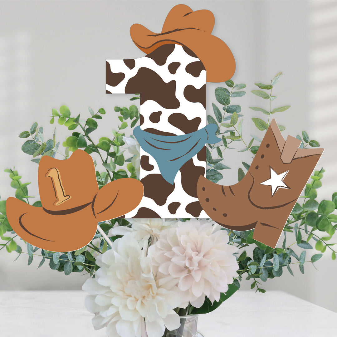 My First Rodeo - Little Cowboy 1st Birthday Party Centerpiece Sticks - Table Toppers - Set of 15