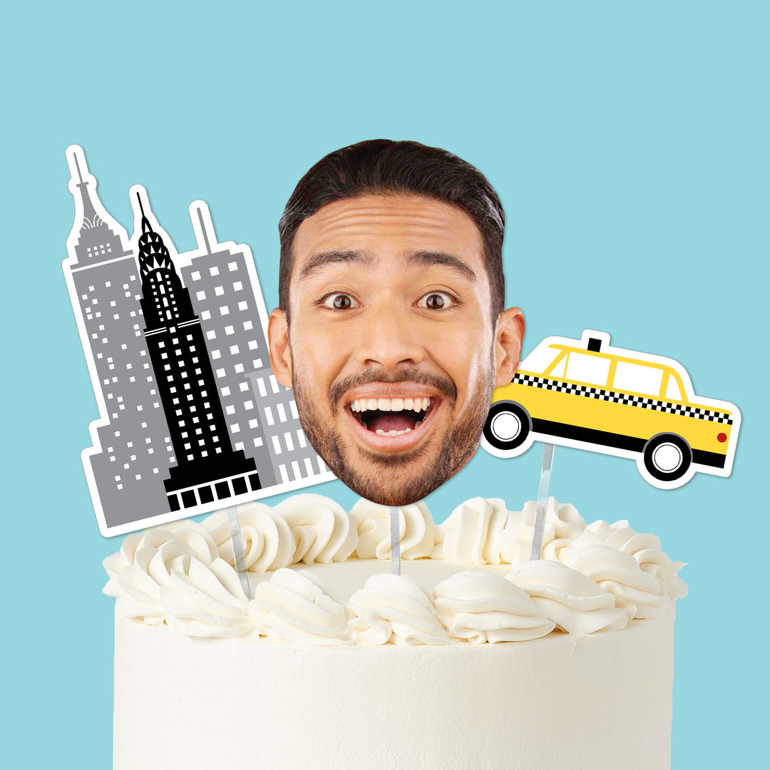 NYC cityscape custom cake topper with skyline taxi and photo face