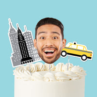 NYC cityscape custom cake topper with skyline taxi and photo face
