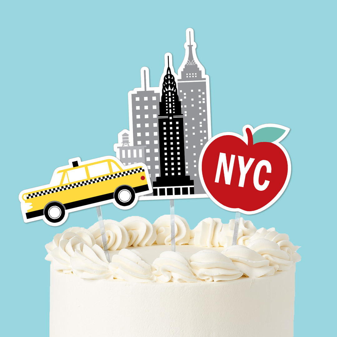NYC cityscape cake toppers 3 piece set on themed cake
