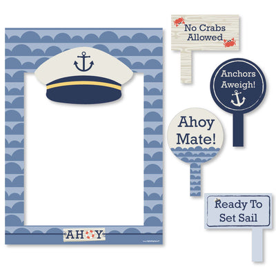 Ahoy - Nautical - Birthday Party or Baby Shower Selfie Photo Booth Picture Frame & Props - Printed on Sturdy Material