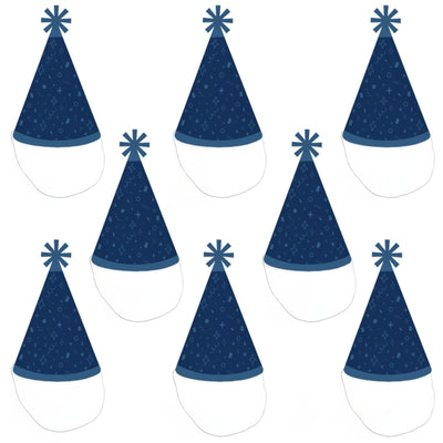 Navy Confetti Stars - Cone Happy Birthday Party Hats for Kids and Adults - Set of 8 (Standard Size)