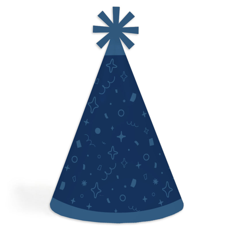 Navy Confetti Stars - Cone Happy Birthday Party Hats for Kids and Adults - Set of 8 (Standard Size)
