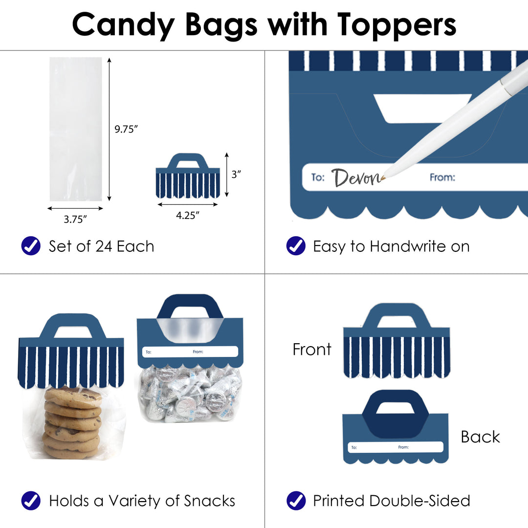 Navy Stripes - DIY Simple Party Clear Goodie Favor Bag Labels - Candy Bags with Toppers - Set of 24