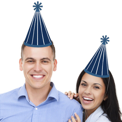 Navy Stripes - Cone Happy Birthday Party Hats for Kids and Adults - Set of 8 (Standard Size)