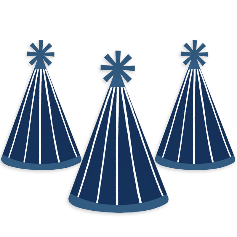 Navy Stripes - Cone Happy Birthday Party Hats for Kids and Adults - Set of 8 (Standard Size)