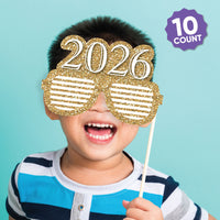 New Year's Eve - Gold Glasses - Paper Card Stock 2026 New Year’s Eve Party Photo Booth Props Kit - 10 Count