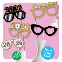 New Year's Eve - Gold Glasses - Paper Card Stock 2026 New Year’s Eve Party Photo Booth Props Kit - 10 Count