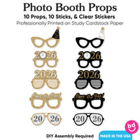 New Year's Eve - Gold Glasses - Paper Card Stock 2026 New Year’s Eve Party Photo Booth Props Kit - 10 Count