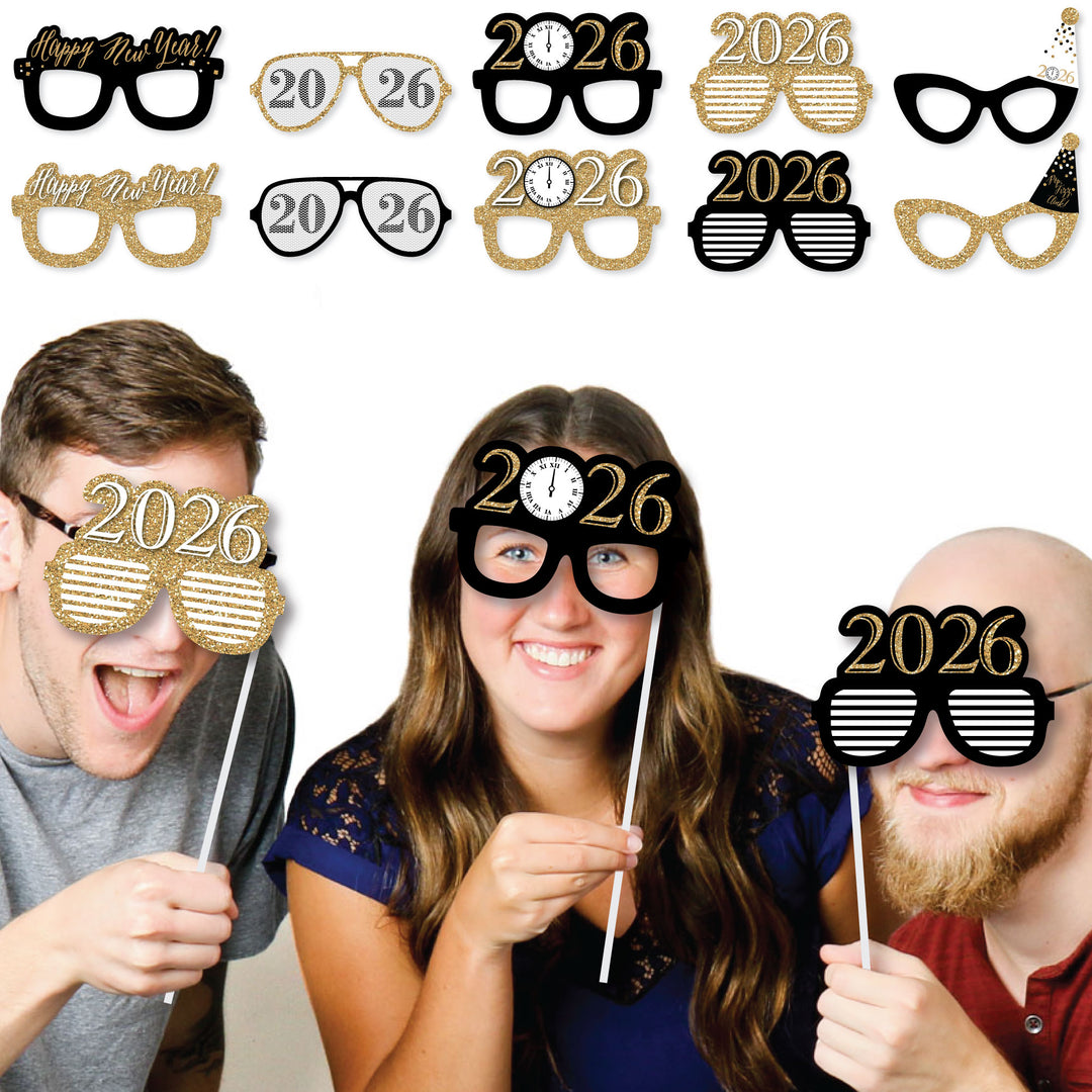 New Year's Eve - Gold Glasses - Paper Card Stock 2026 New Year’s Eve Party Photo Booth Props Kit - 10 Count