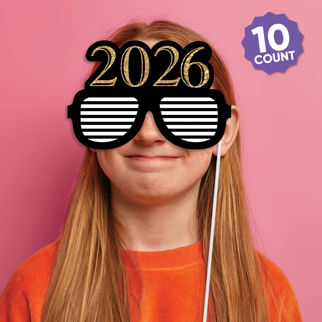 New Year's Eve - Gold Glasses - Paper Card Stock 2026 New Year’s Eve Party Photo Booth Props Kit - 10 Count