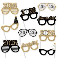 New Year's Eve - Gold Glasses - Paper Card Stock 2026 New Year’s Eve Party Photo Booth Props Kit - 10 Count