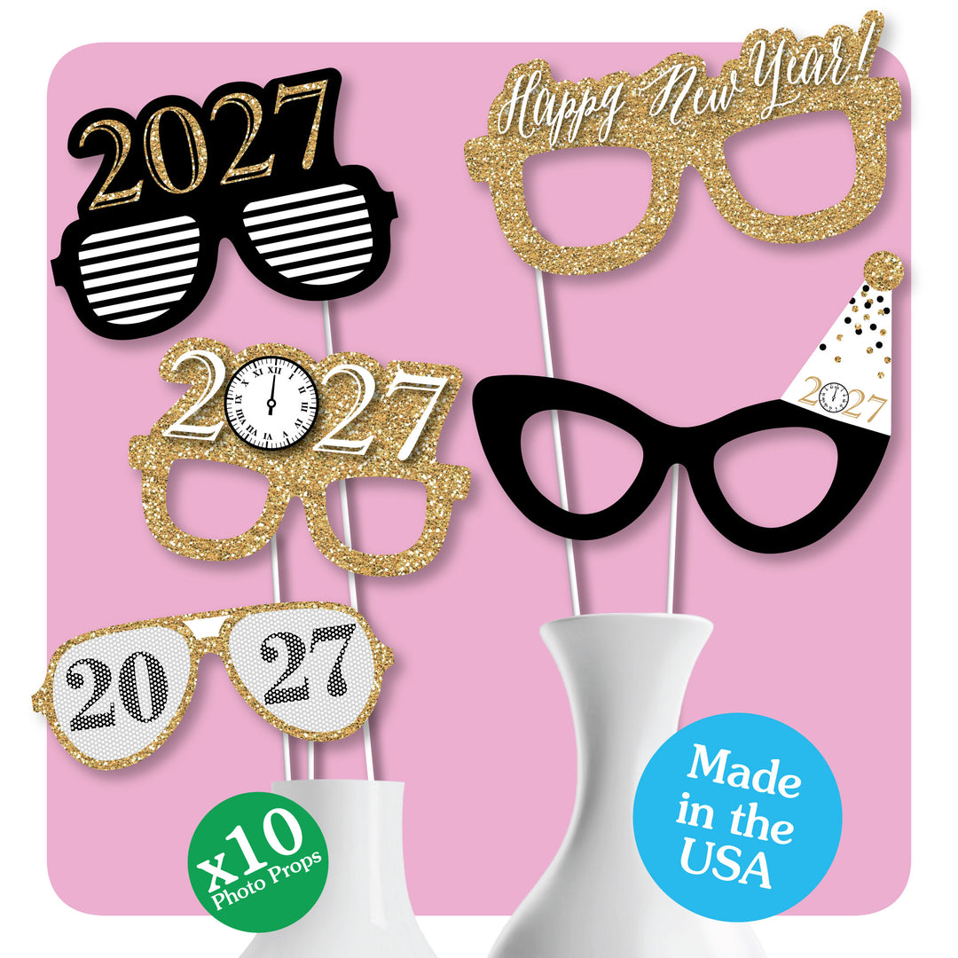 New Year's Eve - Gold Glasses - Paper Card Stock  2027 New Year’s Eve Party Photo Booth Props Kit - 10 Count