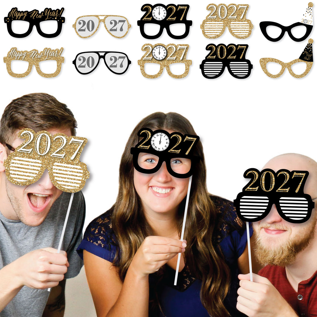New Year's Eve - Gold Glasses - Paper Card Stock  2027 New Year’s Eve Party Photo Booth Props Kit - 10 Count