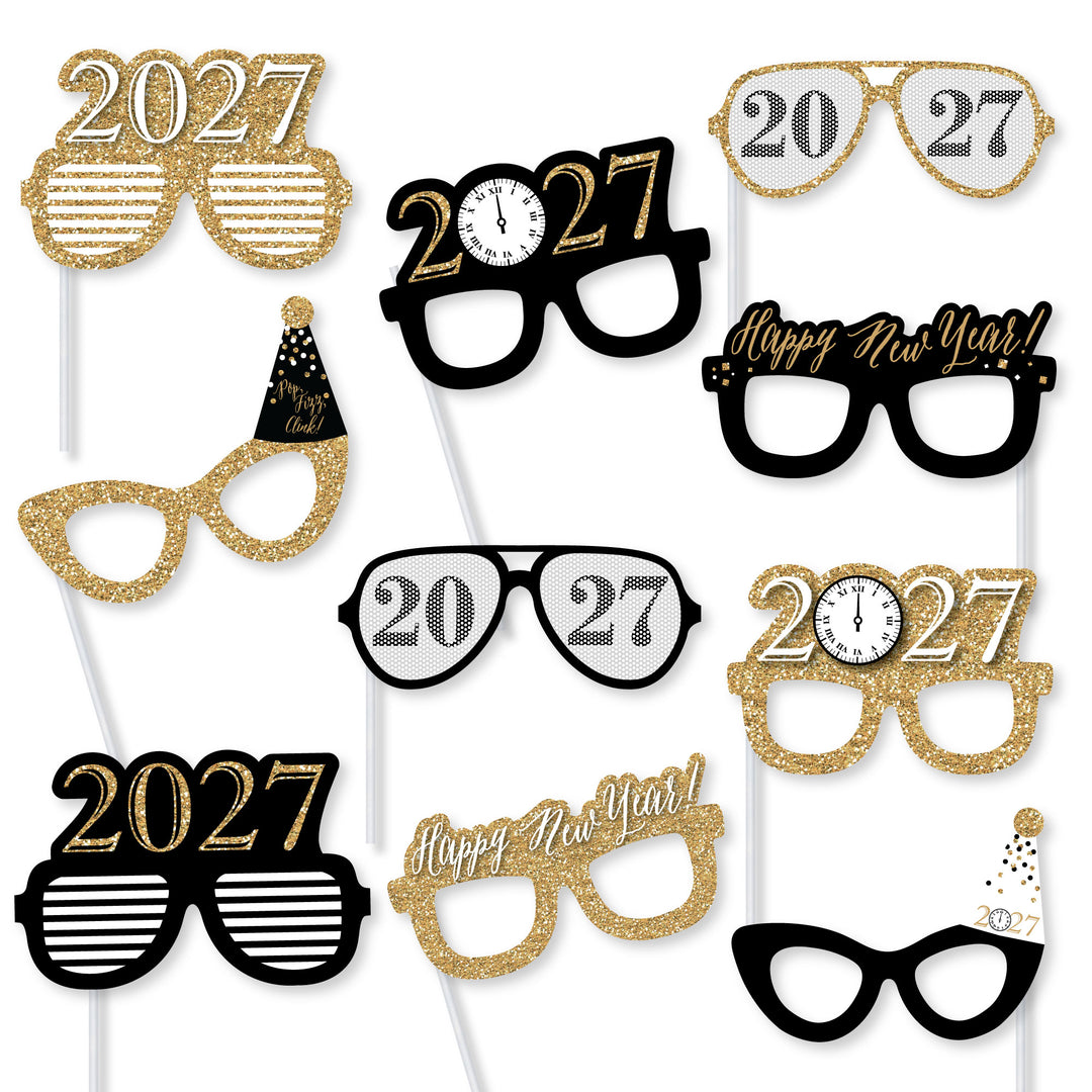 New Year's Eve - Gold Glasses - Paper Card Stock  2027 New Year’s Eve Party Photo Booth Props Kit - 10 Count