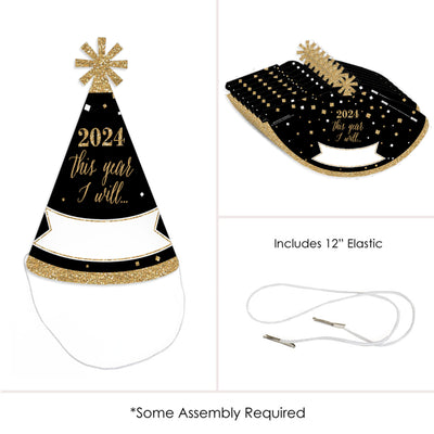 New Year's Eve - Gold - 2024 New Year's Eve Resolution Cone Party Hats for Adults - Set of 8 (Standard Size)