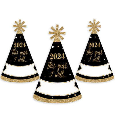 New Year's Eve - Gold - 2024 New Year's Eve Resolution Cone Party Hats for Adults - Set of 8 (Standard Size)