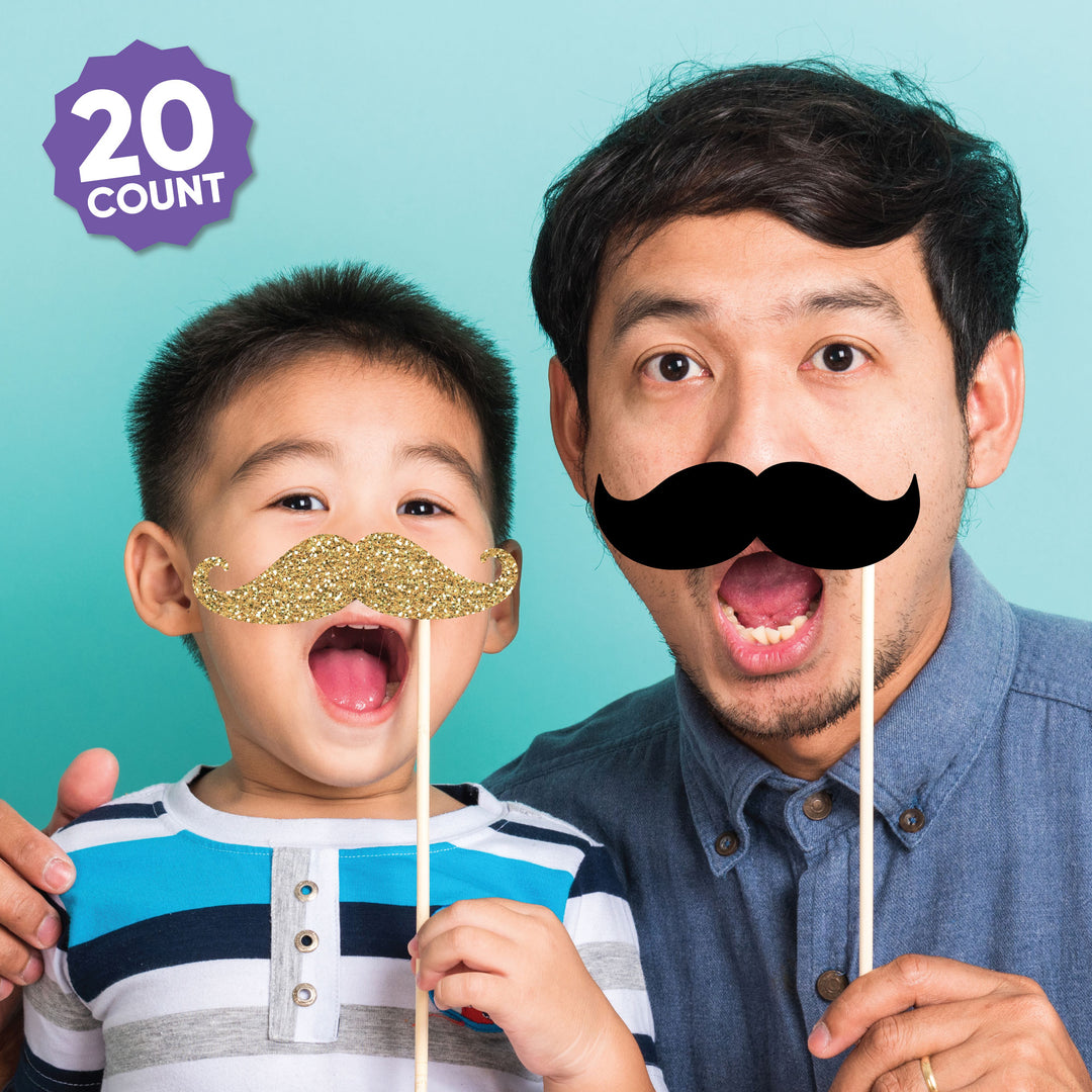Two people holding mustache props with a blue background and '20 Count' label.