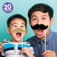 Two people holding mustache props with a blue background and '20 Count' label.