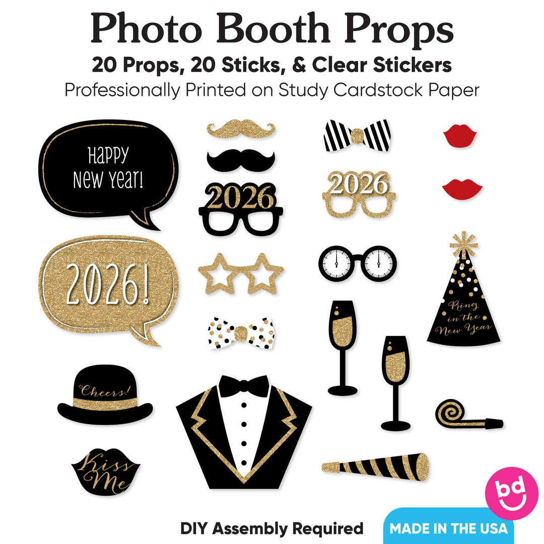 New Year's Eve - Gold - 2026 New Year's Eve Party Photo Booth Props Kit - 20 Count