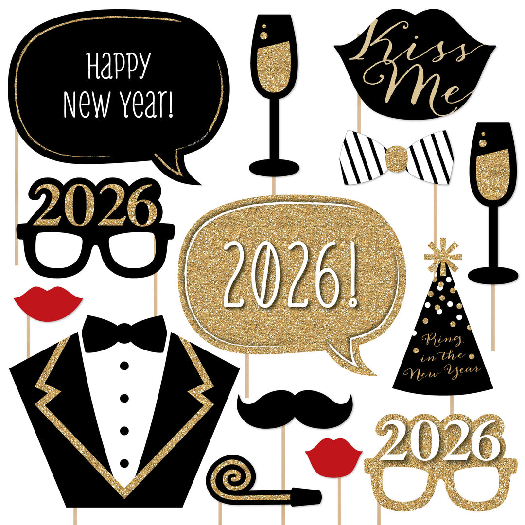 New Year's Eve photo booth props including glasses, hats, and text on a white background