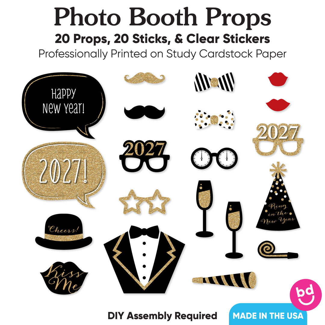 New Year's Eve - Gold -  2027 New Year's Eve Party Photo Booth Props Kit - 20 Count