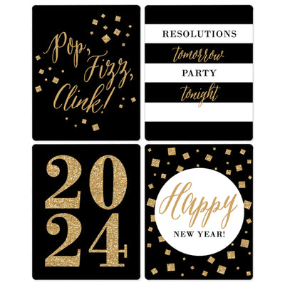 New Year's Eve - Gold - 2024 New Years Eve Party Decorations for Women and Men - Wine Bottle Label Stickers - Set of 4