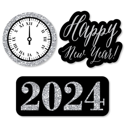 New Year's Eve - Silver - DIY Shaped 2024 New Year's Eve Party Paper Cut-Outs - 24 count