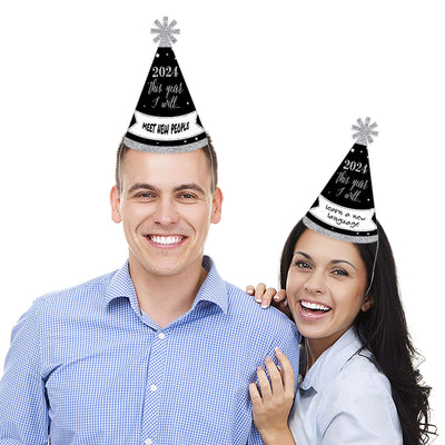 New Year's Eve - Silver - Cone Party Hats - 2024 New Year's Eve Resolution Cone Party Hat for Adults - Set of 8 (Standard Size)