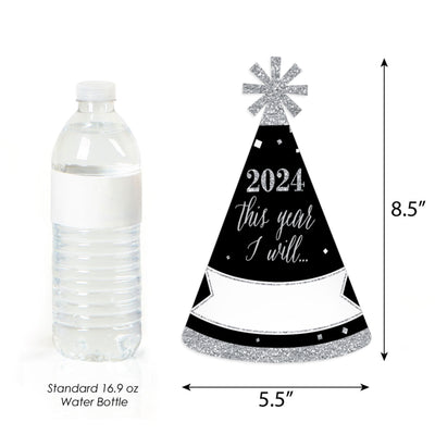 New Year's Eve - Silver - Cone Party Hats - 2024 New Year's Eve Resolution Cone Party Hat for Adults - Set of 8 (Standard Size)