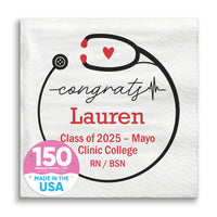 Personalized paper napkin with 'congrats' message, a heart, and the name Lauren. It includes the text 'Class of 2025 - Mayo Clinic College RN / BSN' and features a stethoscope design.