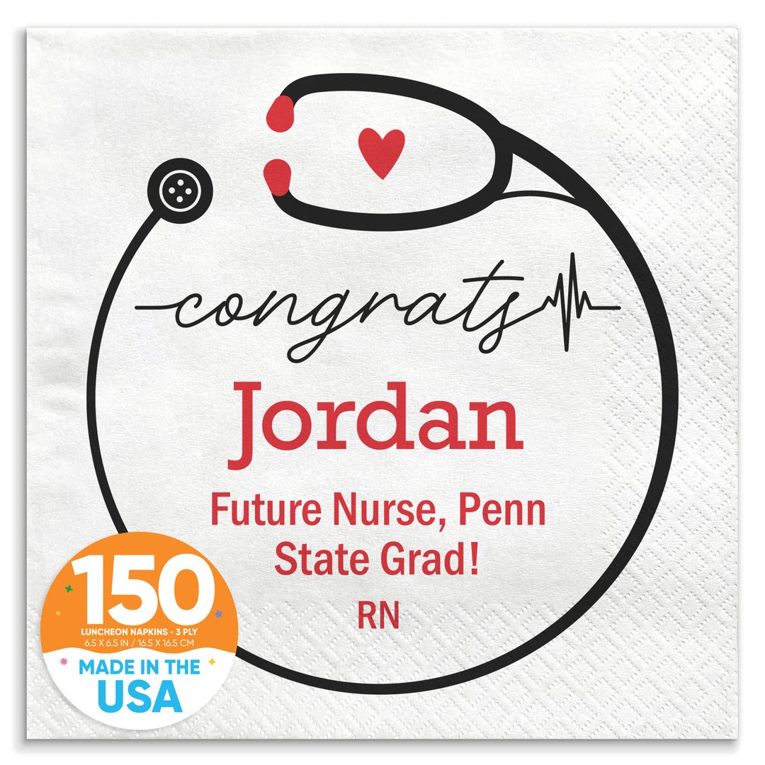 Personalized paper napkin with 'congrats' message, a heart, and the name Lauren. It includes the text 'Class of 2025 - Mayo Clinic College RN / BSN' and features a stethoscope design.