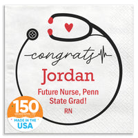 Personalized paper napkin with 'congrats' message, a heart, and the name Lauren. It includes the text 'Class of 2025 - Mayo Clinic College RN / BSN' and features a stethoscope design.